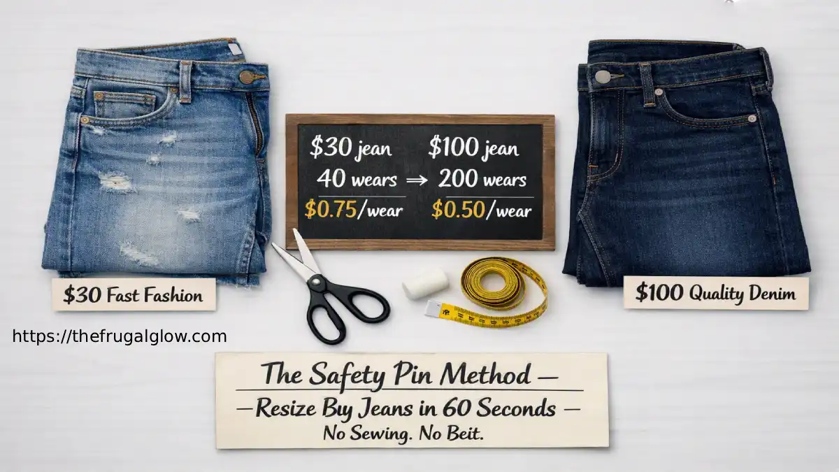 A side-by-side comparison of a $30 fast fashion jean and a $100 quality denim jean. The cheap pair is faded and frayed; the quality pair still looks new. A sign shows the cost-per-wear math.