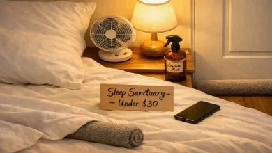 A calm, dark bedroom with blackout curtains, a small fan, a lavender spray, and a clutter-free nightstand. A small sign says "Under $30 – Better sleep starts here."