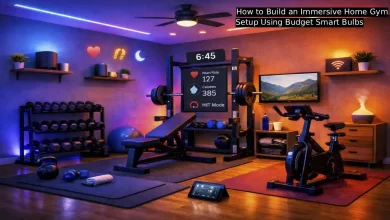 Budget smart bulbs creating colorful workout lighting in a home gym