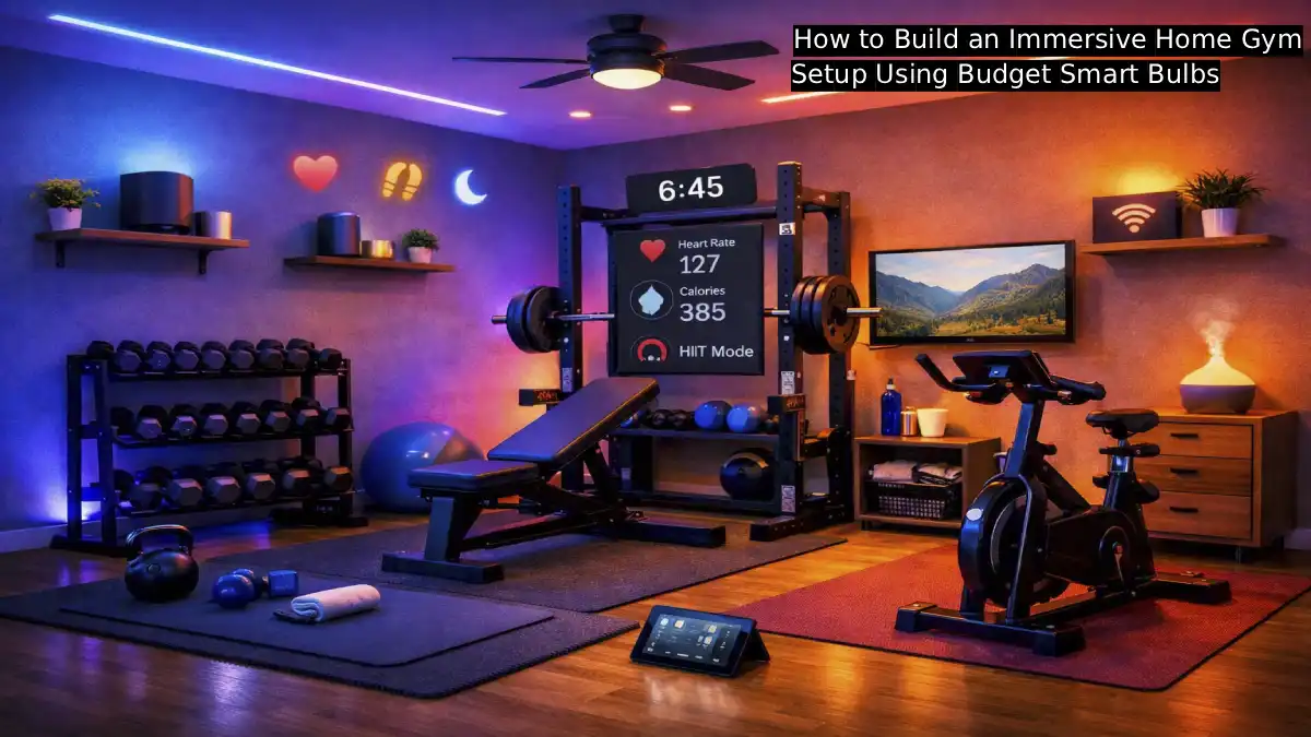 Budget smart bulbs creating colorful workout lighting in a home gym