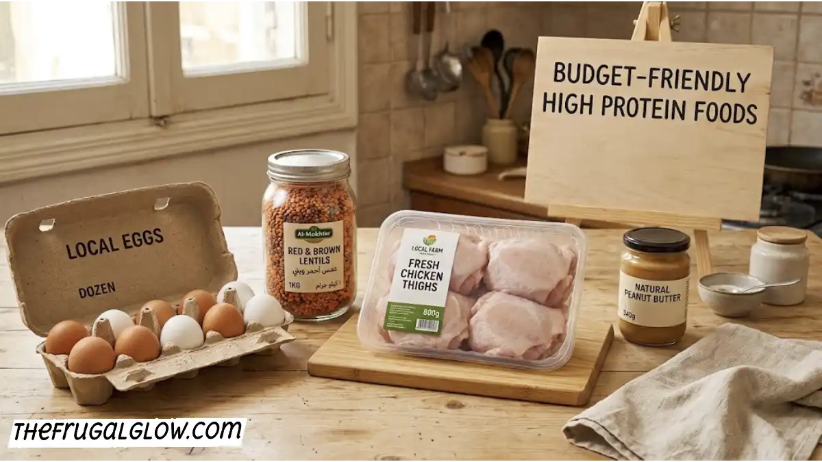 Eggs, lentils, chicken thighs, and peanut butter laid out as budget-friendly high protein foods
