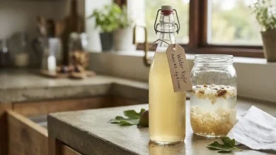 Glass bottle of homemade fizzy water kefir next to a fermentation jar with water kefir grains