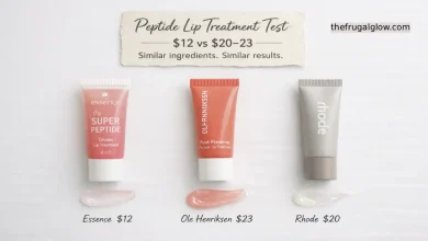 Three peptide lip treatments: Essence Super Peptide Glossy Lip Treatment ($12), Ole Henriksen Pout Preserve ($23), and Rhode Peptide Lip Treatment ($20). A sign says "$12 vs. $20-23 – Same peptide power."