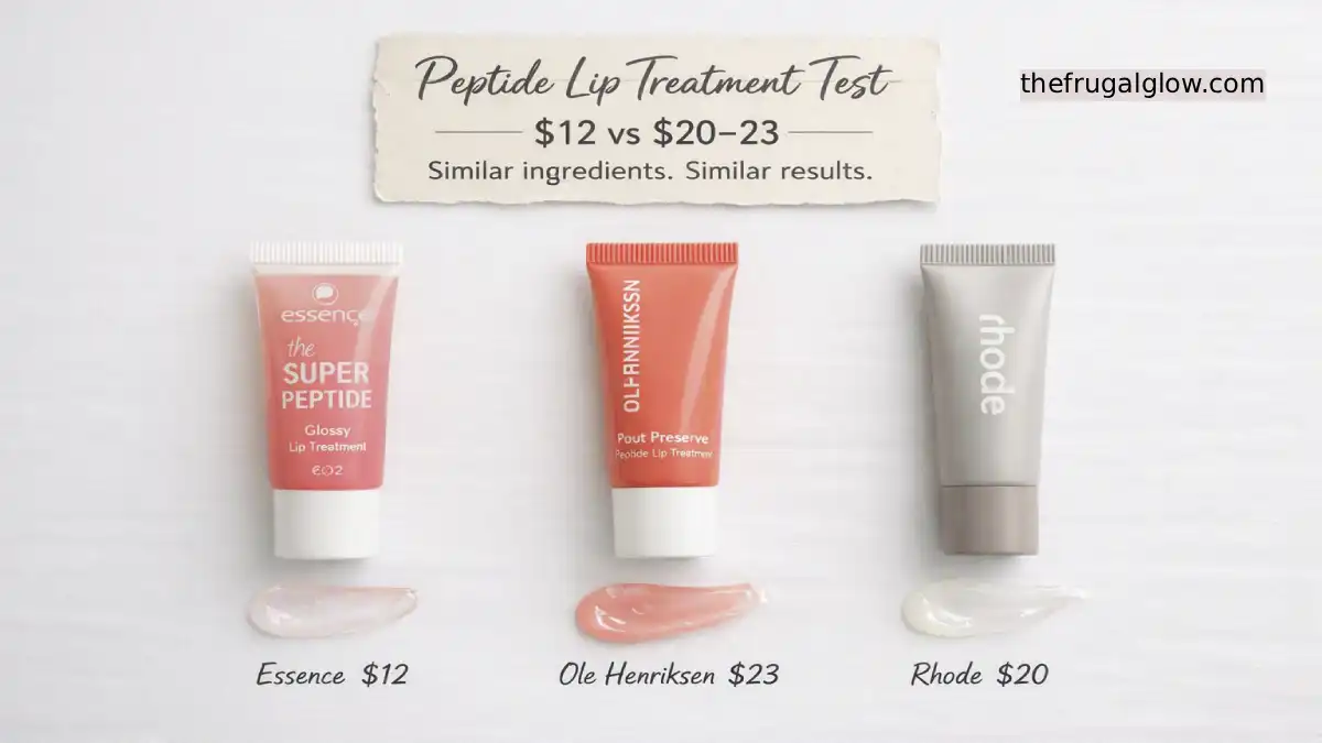 Three peptide lip treatments: Essence Super Peptide Glossy Lip Treatment ($12), Ole Henriksen Pout Preserve ($23), and Rhode Peptide Lip Treatment ($20). A sign says "$12 vs. $20-23 – Same peptide power."