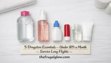 Five drugstore beauty products arranged on a white surface: micellar water, facial mist, eye drops, lip balm, and hand sanitizer with lotion. A small sign says "Under $15 a month – Survive any flight."