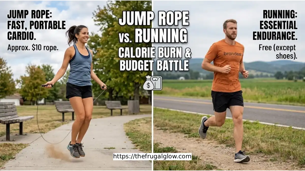 A split comparison of a person jumping rope and a runner, illustrating budget cardio workouts and calorie burning efficiency.