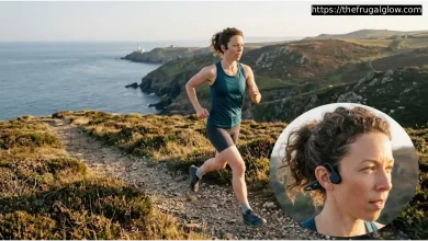 Runner wearing open-ear bone conduction headphones on an outdoor trail