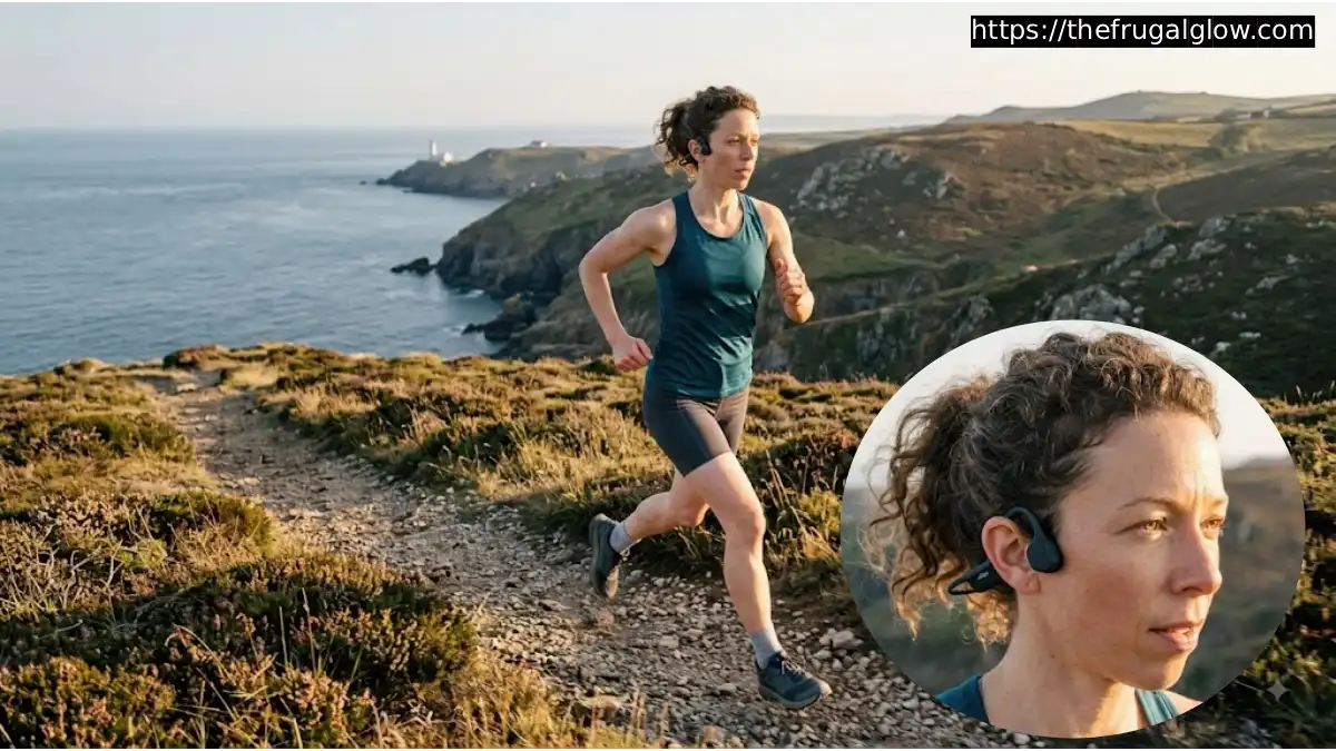 Runner wearing open-ear bone conduction headphones on an outdoor trail