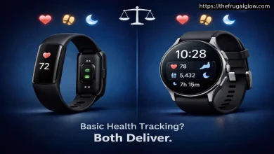 Side-by-side comparison between a smart band and a smartwatch, highlighting basic health tracking sensors like heart rate, sleep, and steps, with battery life and price icons displayed beneath each device.