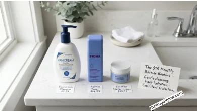 Three affordable skincare products on a white surface: Vanicream Gentle Cleanser, Byoma Hydrating Toner, and Cocokind Water Cream. A small sign says "Under $15 a month – Barrier repair without the luxury price."