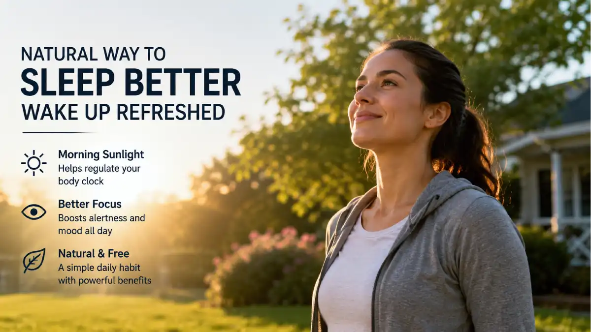 Person standing outside in morning sunlight with eyes open, illustrating a natural sleep improvement technique
