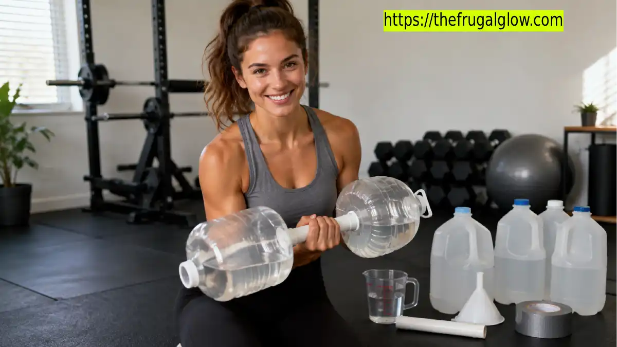 Young athletic woman using a homemade water-filled dumbbell made from a plastic jug and PVC handle