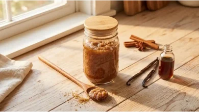 "Homemade brown sugar and vanilla body scrub in a clear glass jar with a wooden lid, next to a wooden spoon, a vanilla pod, and scattered brown sugar crystals on a rustic wooden surface – budget-friendly DIY bakery-scented exfoliator under $2."
