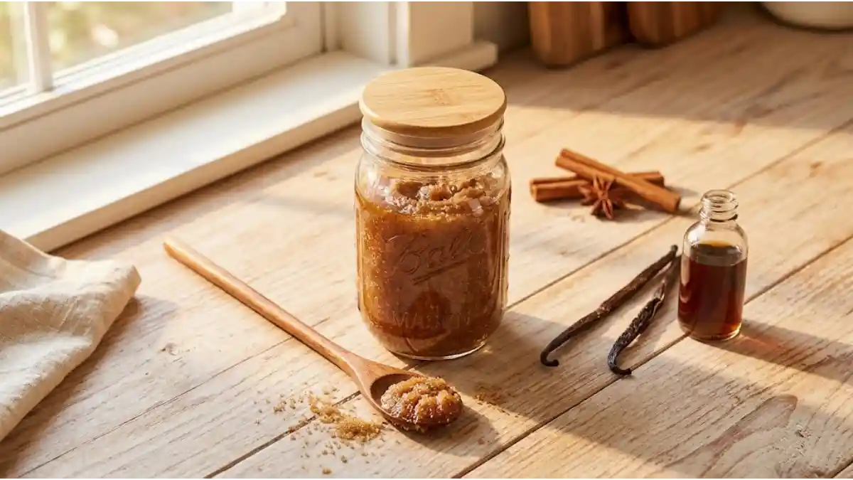 "Homemade brown sugar and vanilla body scrub in a clear glass jar with a wooden lid, next to a wooden spoon, a vanilla pod, and scattered brown sugar crystals on a rustic wooden surface – budget-friendly DIY bakery-scented exfoliator under $2."