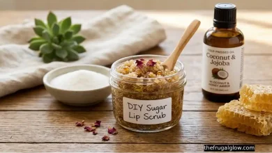 Homemade sugar lip scrub in a small glass jar next to sugar and honey on a counter