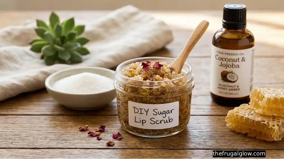 Homemade sugar lip scrub in a small glass jar next to sugar and honey on a counter