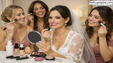 Bride applying affordable drugstore makeup products for a DIY wedding day look