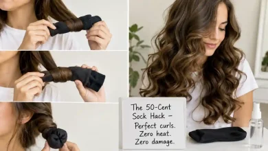 A clean sock and a section of hair being rolled around it. On the right, the finished result: bouncy, heatless Hollywood curls. A small sign says "50-cent hack – $0 heat damage."