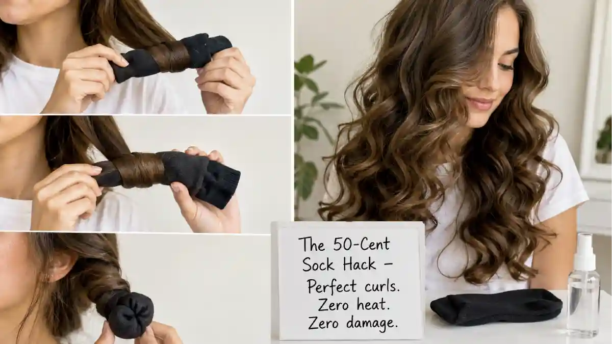 A clean sock and a section of hair being rolled around it. On the right, the finished result: bouncy, heatless Hollywood curls. A small sign says "50-cent hack – $0 heat damage."