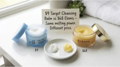 The e.l.f. Holy Hydration! Makeup Melting Cleansing Balm ($9) next to the Elemis Pro-Collagen Cleansing Balm ($68). A small sign says "$9 vs $68 – Same melting power."