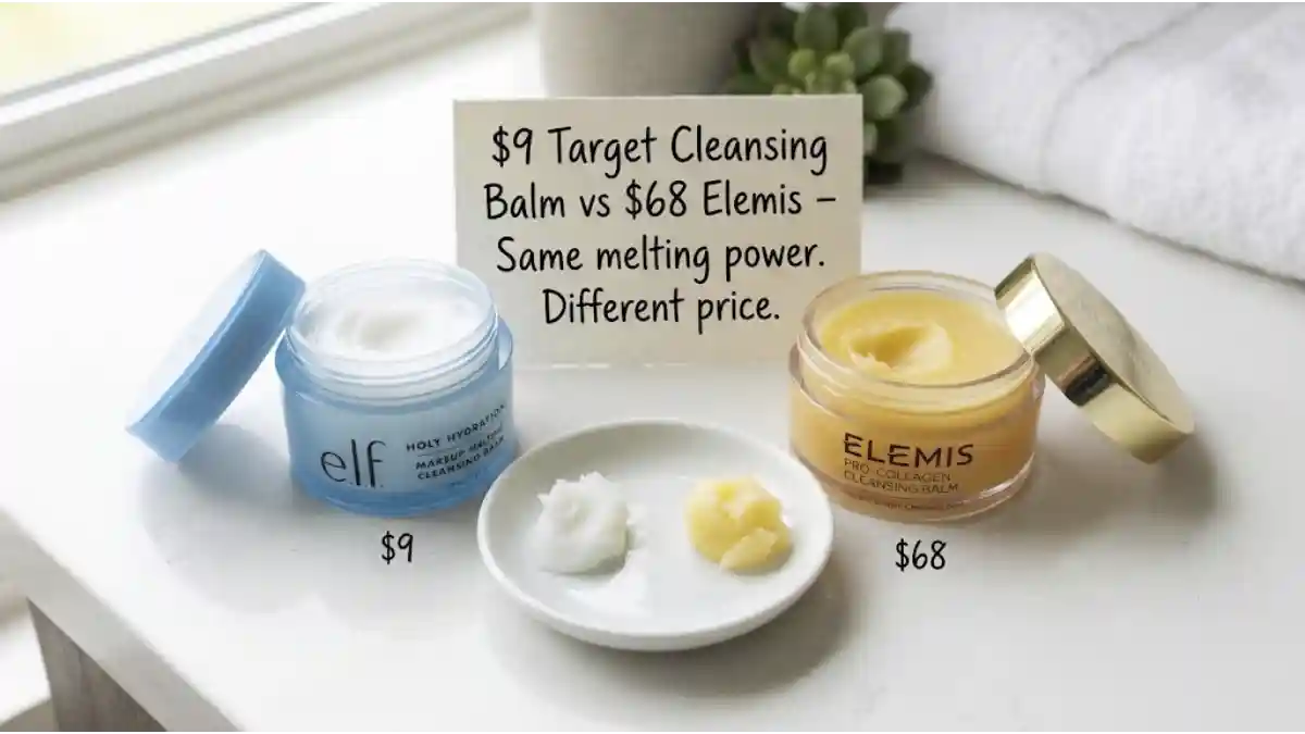 The e.l.f. Holy Hydration! Makeup Melting Cleansing Balm ($9) next to the Elemis Pro-Collagen Cleansing Balm ($68). A small sign says "$9 vs $68 – Same melting power."