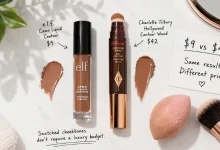 The e.l.f. Camo Liquid Contour ($9) next to the Charlotte Tilbury Hollywood Contour Wand ($42). A small sign says "$9 vs $42 – Same snatched cheekbones."
