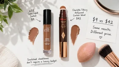 The e.l.f. Camo Liquid Contour ($9) next to the Charlotte Tilbury Hollywood Contour Wand ($42). A small sign says "$9 vs $42 – Same snatched cheekbones."