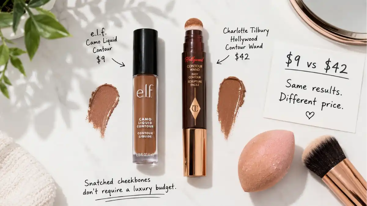 The e.l.f. Camo Liquid Contour ($9) next to the Charlotte Tilbury Hollywood Contour Wand ($42). A small sign says "$9 vs $42 – Same snatched cheekbones."