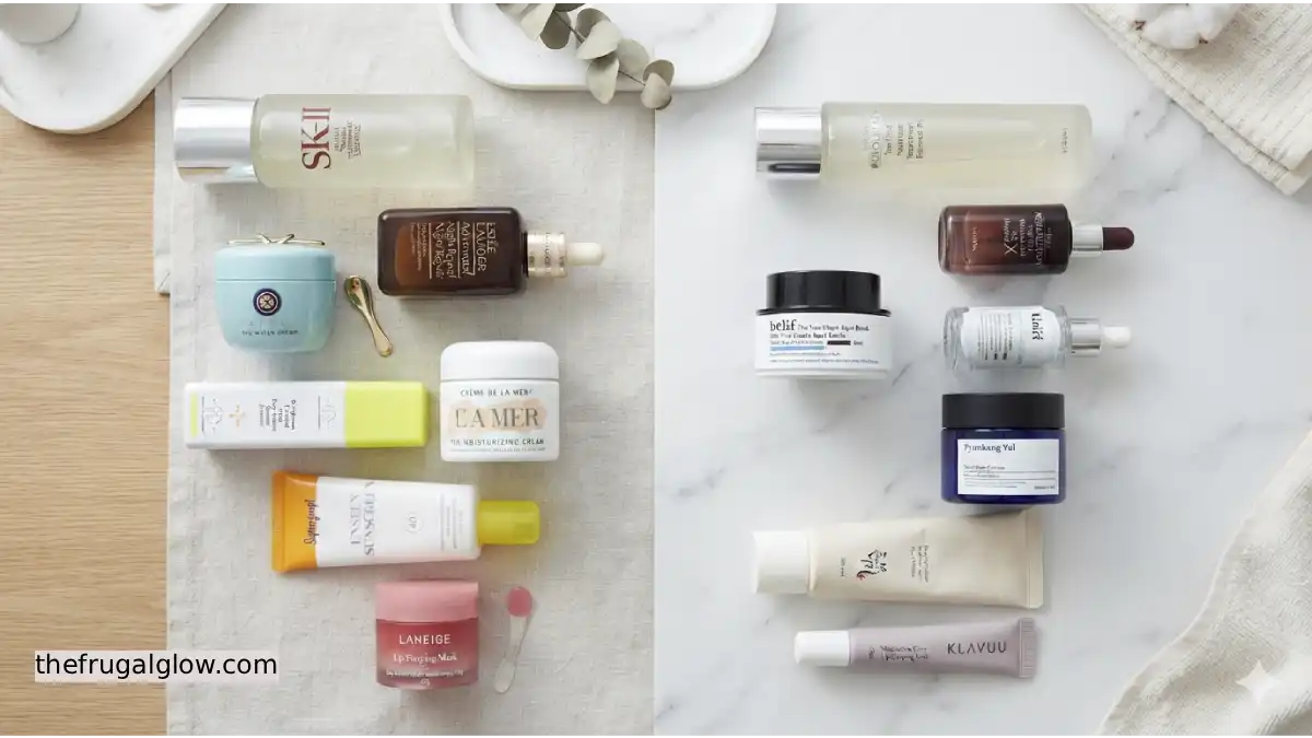 A collection of high-end Western skincare products next to affordable Korean beauty alternatives like COSRX and Missha.