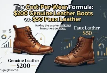 A visual comparison illustration showing two brown leather-style boots on a split background, illustrating the $200 Genuine Leather vs. $50 Faux Leather cost-per-wear debate.