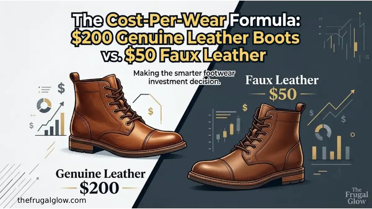 A visual comparison illustration showing two brown leather-style boots on a split background, illustrating the $200 Genuine Leather vs. $50 Faux Leather cost-per-wear debate.