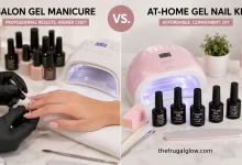 Comparison of salon gel manicure setup and at-home gel nail kit with LED lamp and polish bottles