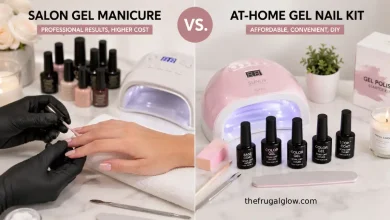 Comparison of salon gel manicure setup and at-home gel nail kit with LED lamp and polish bottles