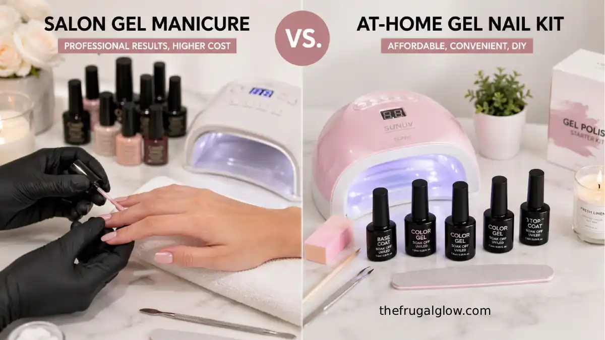 Comparison of salon gel manicure setup and at-home gel nail kit with LED lamp and polish bottles
