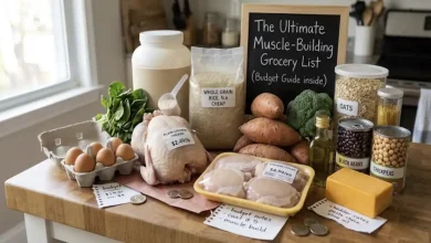 Affordable high-protein grocery items and staples on a kitchen counter for cheap muscle building