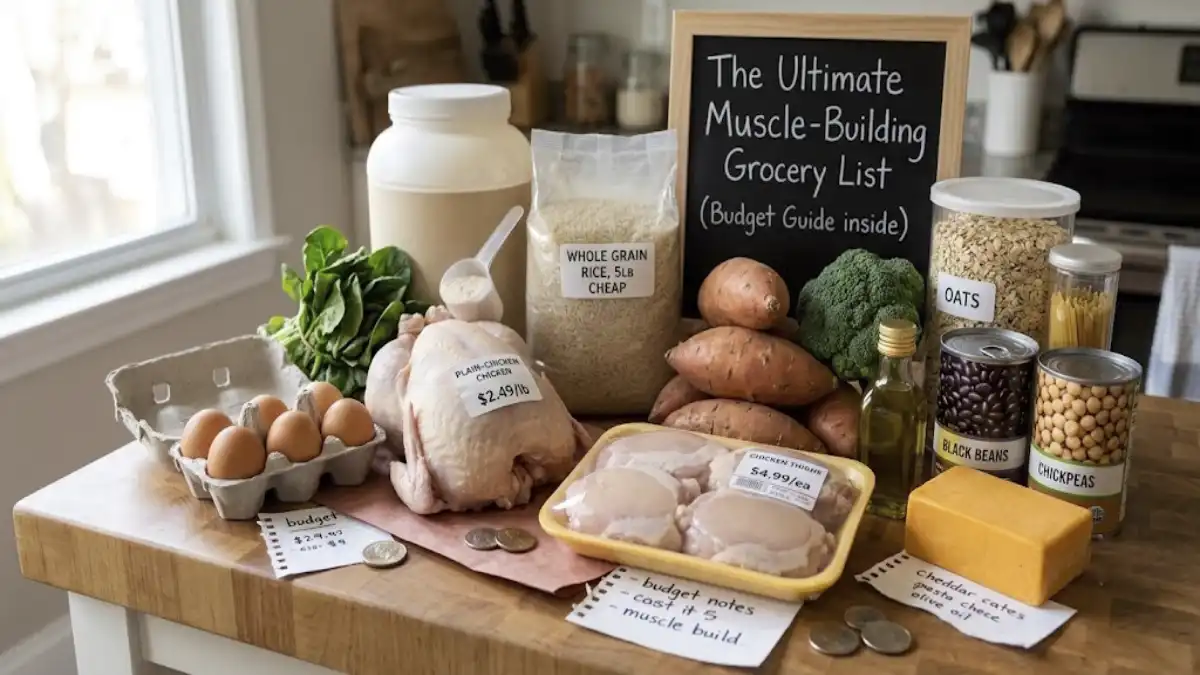 Affordable high-protein grocery items and staples on a kitchen counter for cheap muscle building