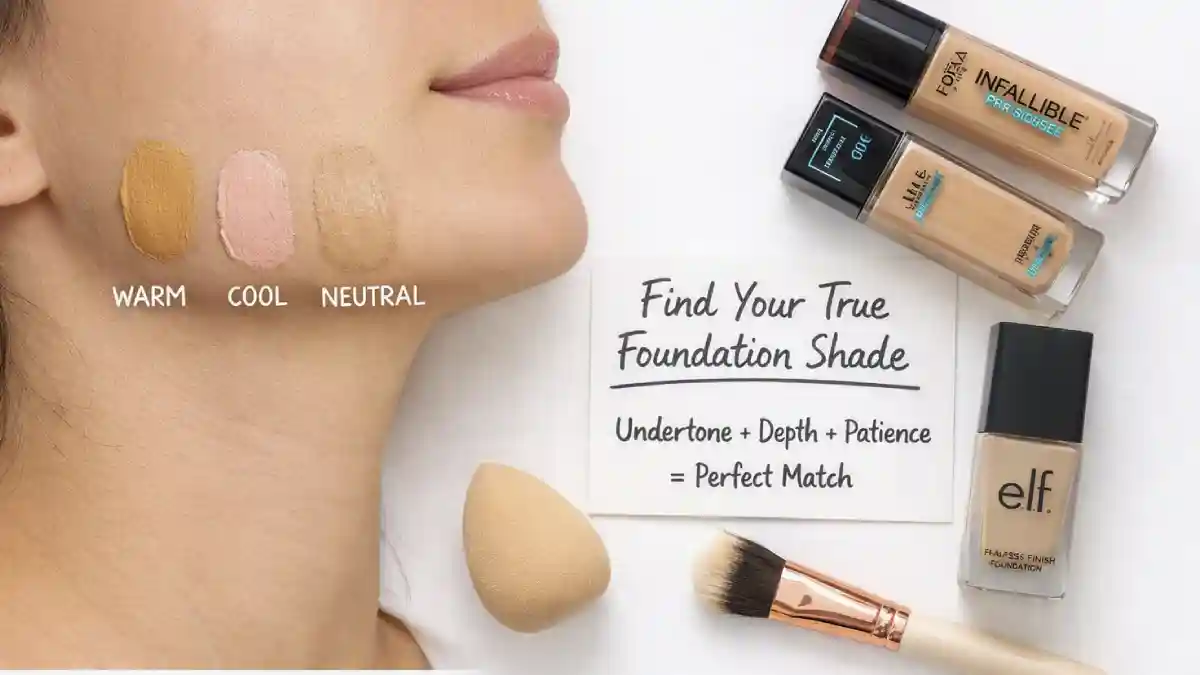 Foundation bottles and swatches on a jawline showing warm, cool, and neutral undertones. A sign says "Find Your True Shade at the Drugstore."