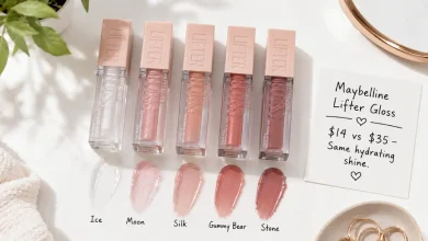 The Maybelline Lifter Gloss in multiple shades including Ice, Moon, Silk, and Gummy Bear. A sign says "$14 vs $35 – Same non-sticky shine."