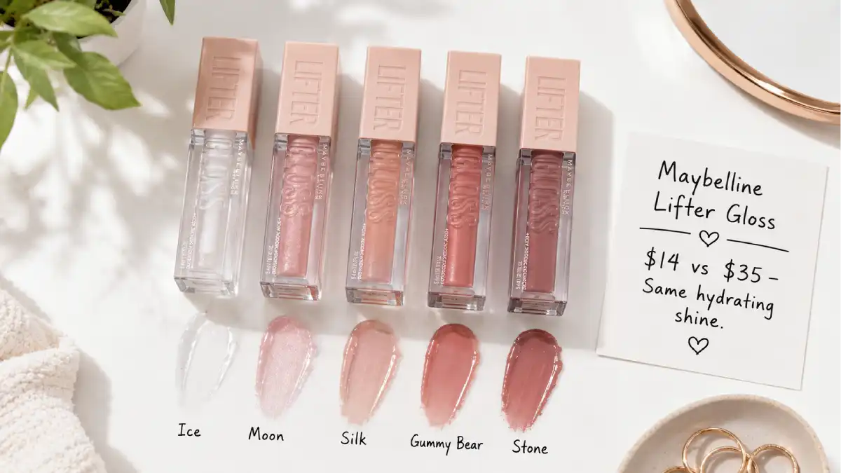 The Maybelline Lifter Gloss in multiple shades including Ice, Moon, Silk, and Gummy Bear. A sign says "$14 vs $35 – Same non-sticky shine."