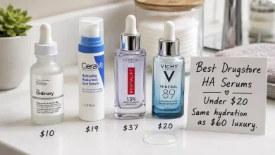 Four drugstore hyaluronic acid serums arranged on a white surface: The Ordinary HA 2% + B5, CeraVe Hydrating HA Serum, L'Oréal Revitalift HA, and Vichy Mineral 89. A small sign says "$7 vs $60 – Same hydration."