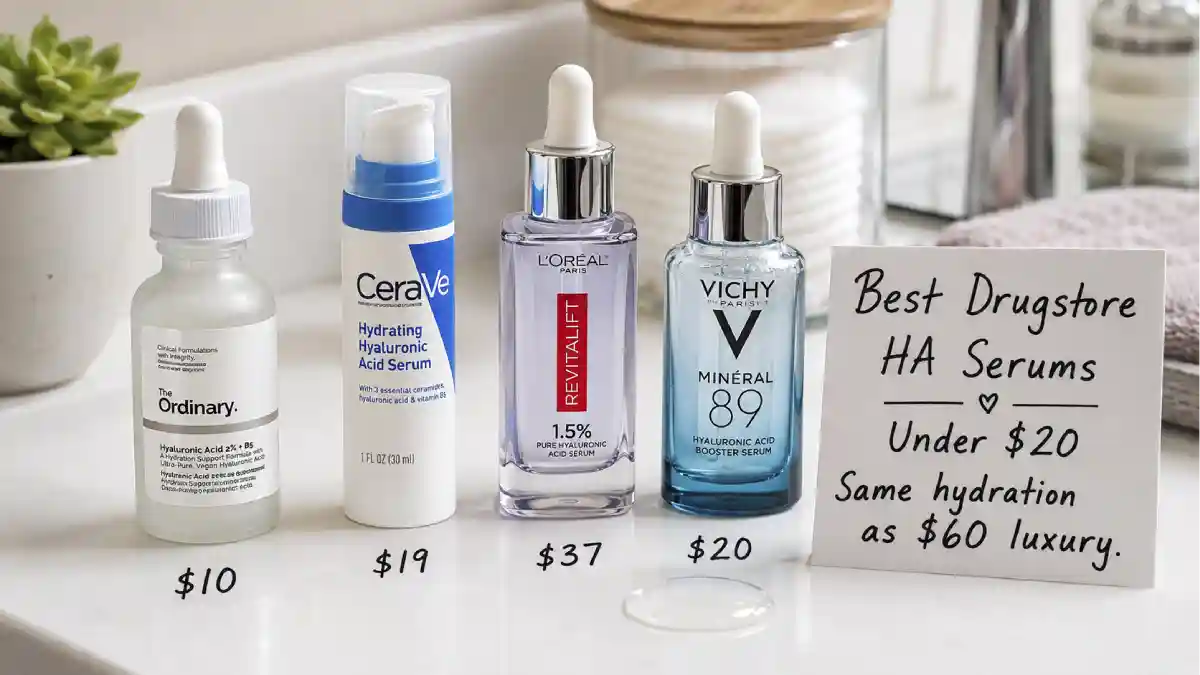 Four drugstore hyaluronic acid serums arranged on a white surface: The Ordinary HA 2% + B5, CeraVe Hydrating HA Serum, L'Oréal Revitalift HA, and Vichy Mineral 89. A small sign says "$7 vs $60 – Same hydration."
