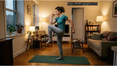Person doing a low-impact quiet cardio workout on a mat in a small apartment living room