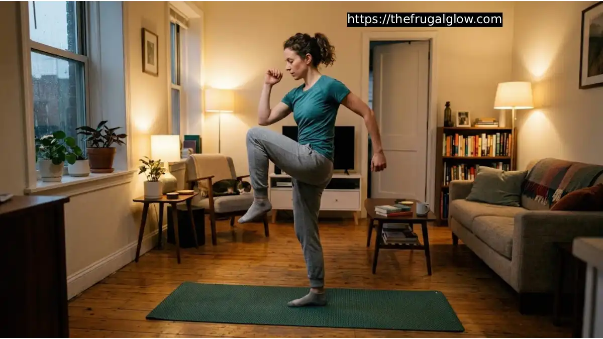 Person doing a low-impact quiet cardio workout on a mat in a small apartment living room