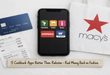 Five cashback apps displayed on a smartphone screen: TopCashback, Fetch Rewards, Ibotta, ShopBack, and Capital One Shopping. A Macy's shopping bag and a price tag showing "Cash Back" are in the foreground.