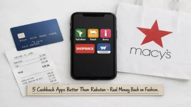 Five cashback apps displayed on a smartphone screen: TopCashback, Fetch Rewards, Ibotta, ShopBack, and Capital One Shopping. A Macy's shopping bag and a price tag showing "Cash Back" are in the foreground.