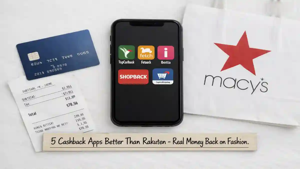 Five cashback apps displayed on a smartphone screen: TopCashback, Fetch Rewards, Ibotta, ShopBack, and Capital One Shopping. A Macy's shopping bag and a price tag showing "Cash Back" are in the foreground.
