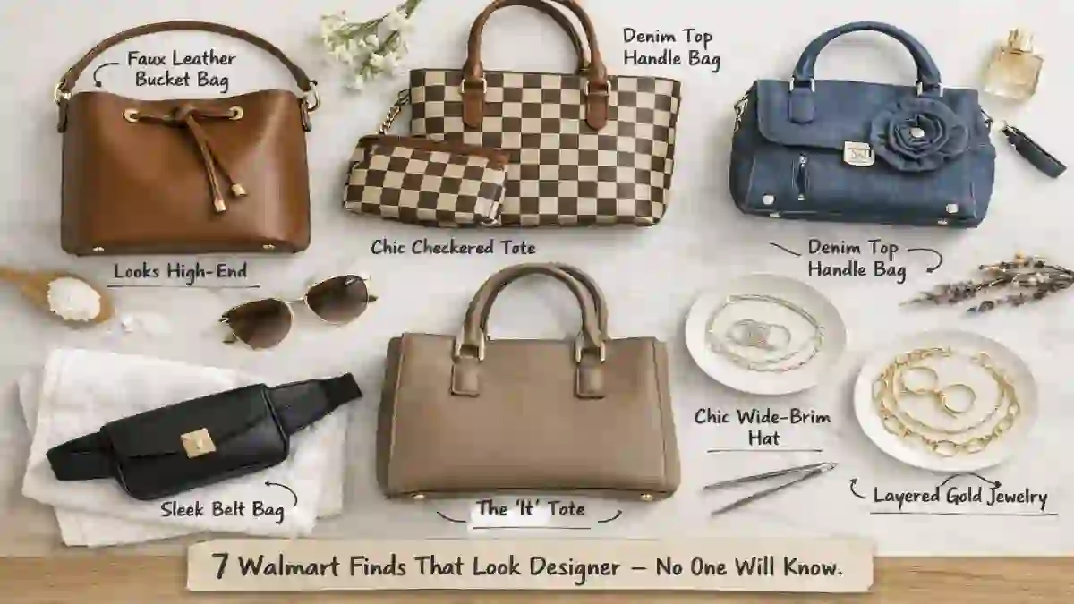 ALT TEXT: Elegant Walmart accessories including a structured bag, jewelry, and a wide-brim hat styled together