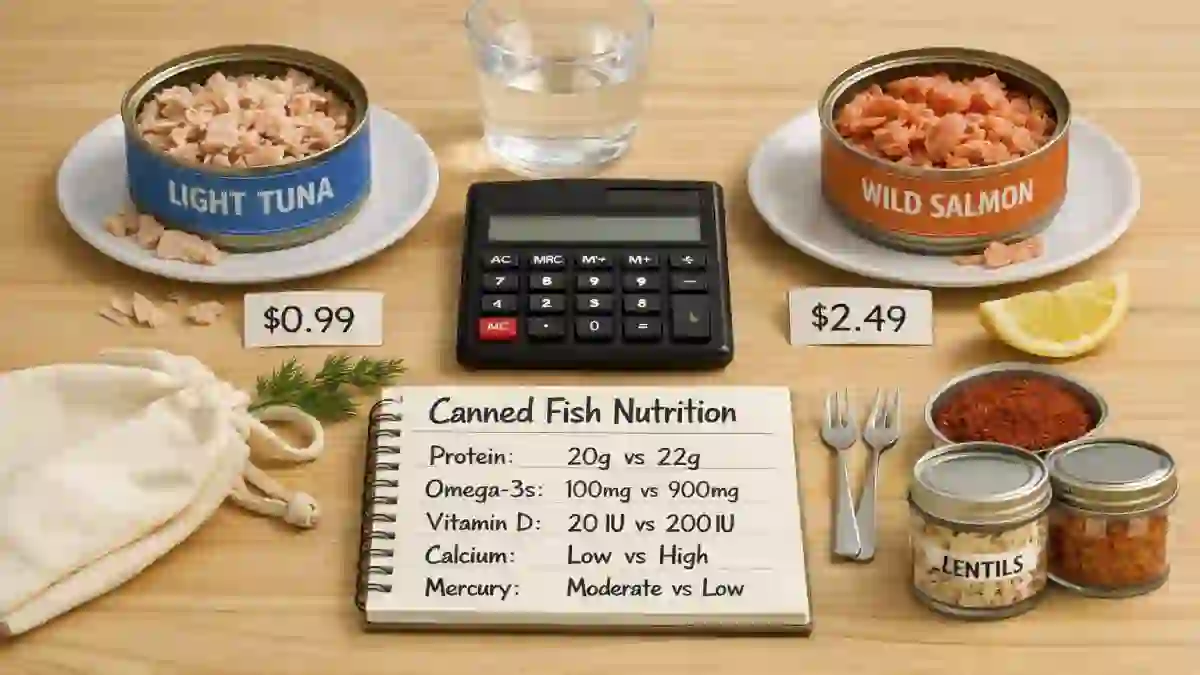 Open cans of tuna and salmon side by side on a wooden counter with a calculator, price tags, and a nutrition comparison chart – cost-per-nutrient comparison of canned tuna vs. canned salmon.