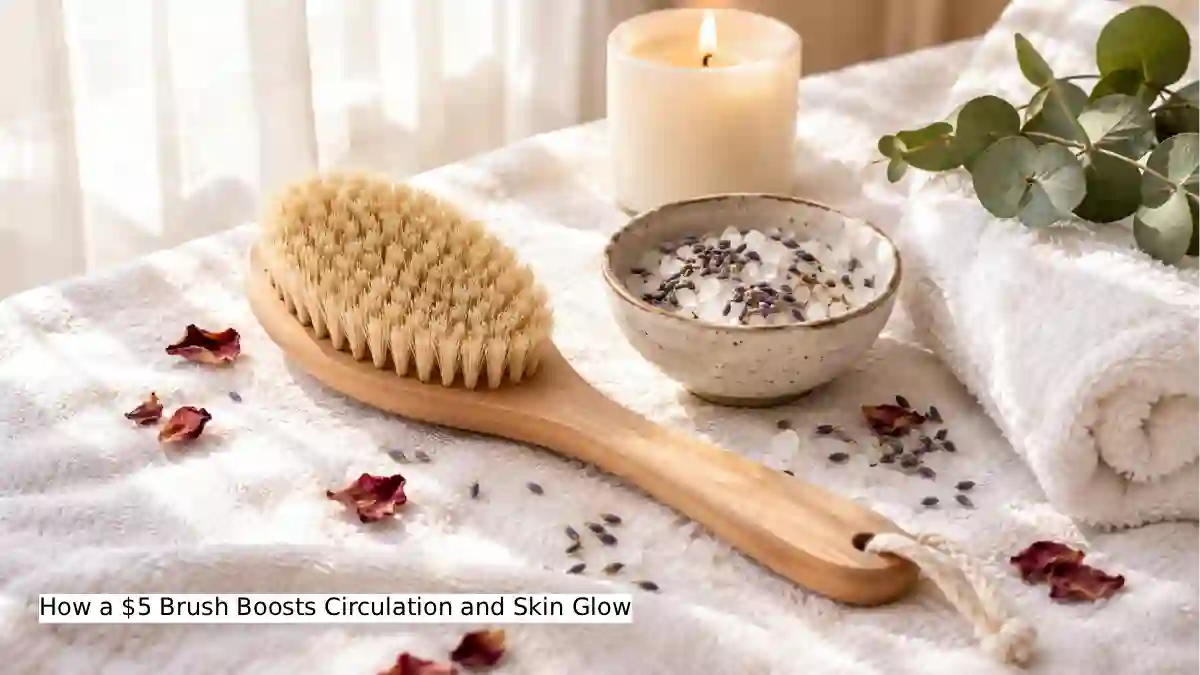 Natural bristle dry body brush on a white towel next to a small bowl of sea salt and dried lavender, with soft morning light – affordable DIY body brushing tool for circulation and glowing skin under $5.