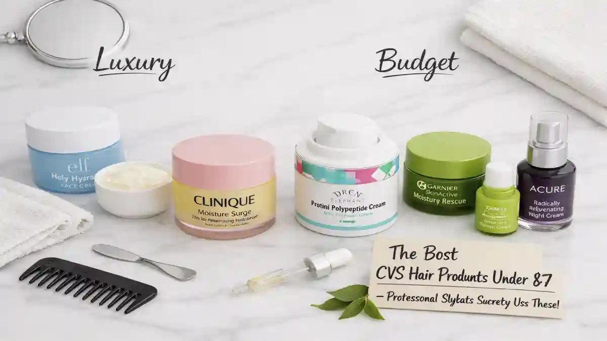 Five budget moisturizer dupes under $15 lined up next to Clinique Moisture Surge and Drunk Elephant Protini on a white vanity, including e.l.f., Inkey List, Garnier, Tony Moly, and Acure – affordable alternatives to luxury skincare.